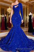 Blue sequin mermaid prom dresses, shimmery African women party dresses