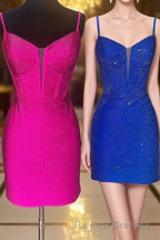 Royal Blue Beaded Sheath Deep V Neck Homecoming Dress