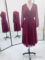 Tulle Burgundy Short Prom Dress With Sheer Sleeves