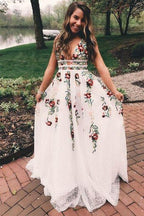 V-Neck Floral Embroidered Long Prom Dress
