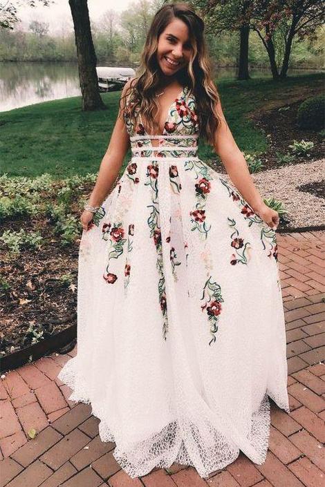 V-Neck Floral Embroidered Long Prom Dress