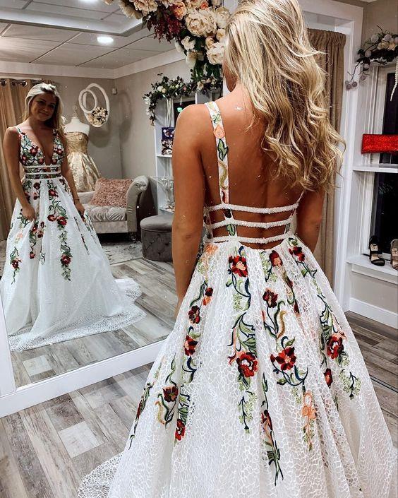 V-Neck Floral Embroidered Long Prom Dress