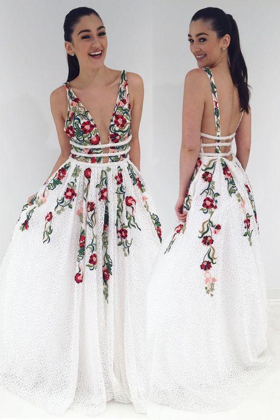 V-Neck Floral Embroidered Long Prom Dress