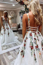 V-Neck Floral Embroidered Long Prom Dress