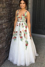 V-Neck Floral Embroidered Long Prom Dress