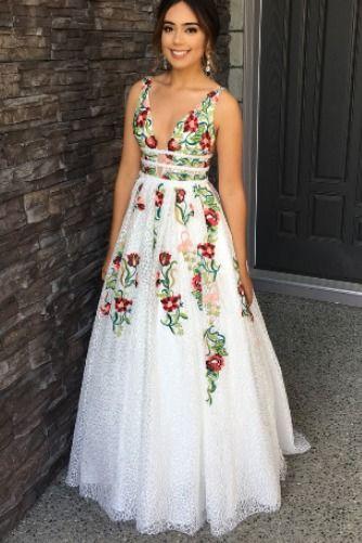 V-Neck Floral Embroidered Long Prom Dress