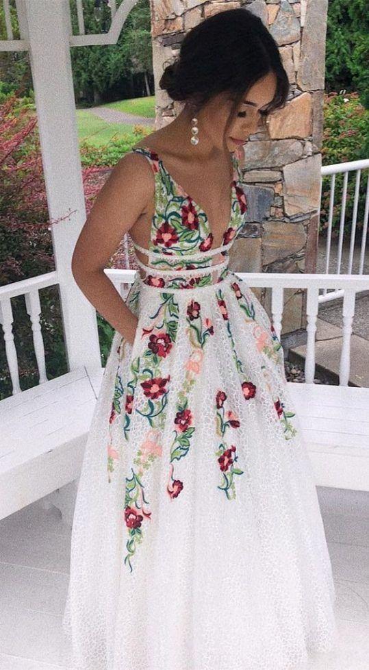 V-Neck Floral Embroidered Long Prom Dress