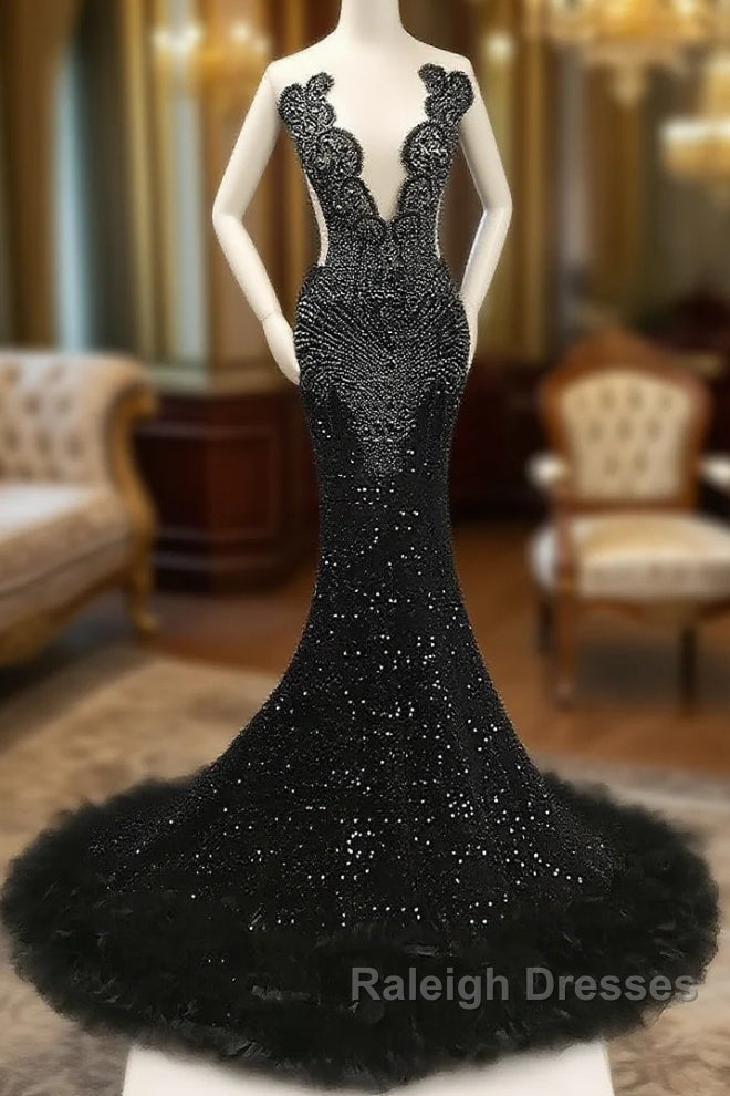 Black Mermaid Prom Dresses with Beaeded and Feathers Main image