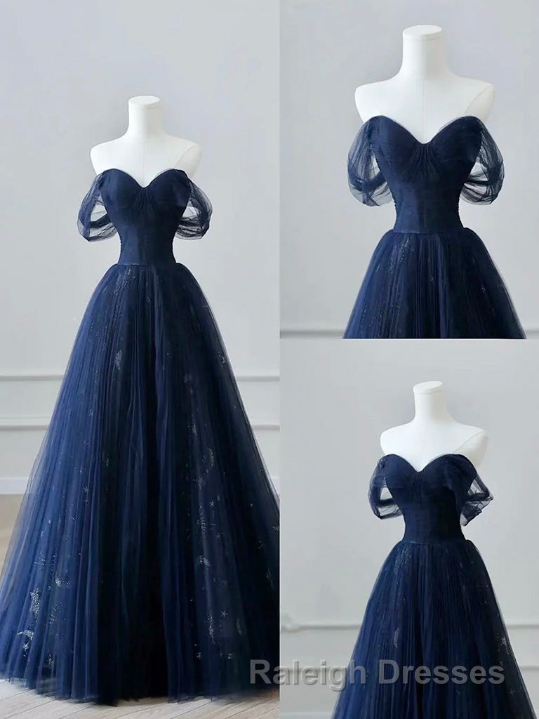 A Line Off Shoulder Tulle Lace Dark Blue Long Prom Dresses Dark Blue Long Prom Dresses