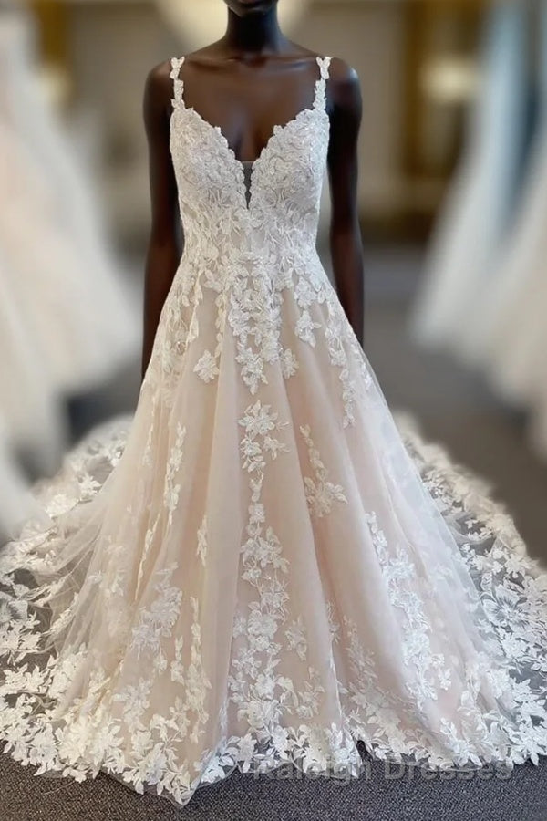 Ivory V-Neck Appliqued Long Wedding Dress Main image