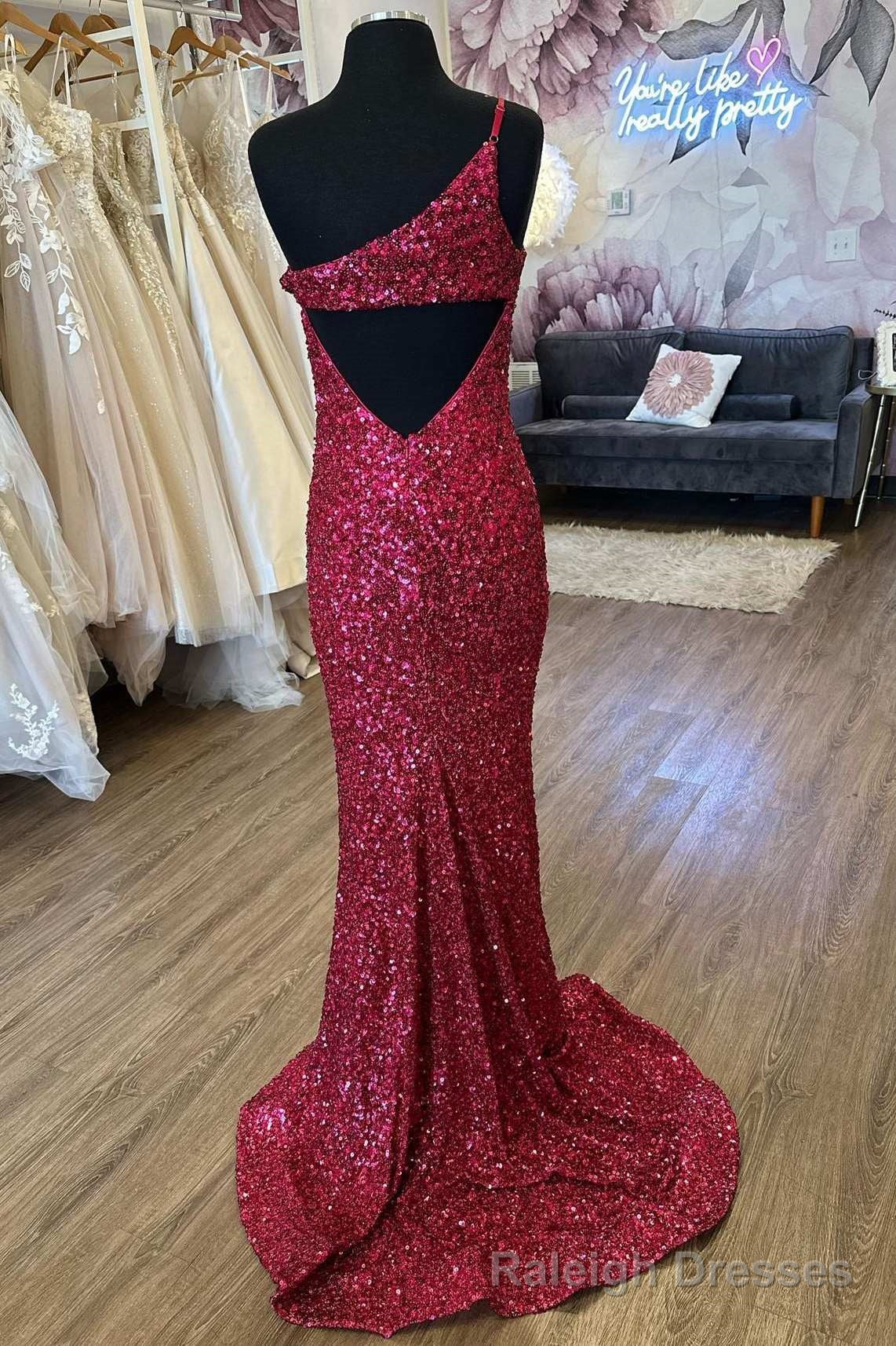 Sequins One Shoulder Cutout Back Mermaid Long Prom Dress with Slit Secondary image
