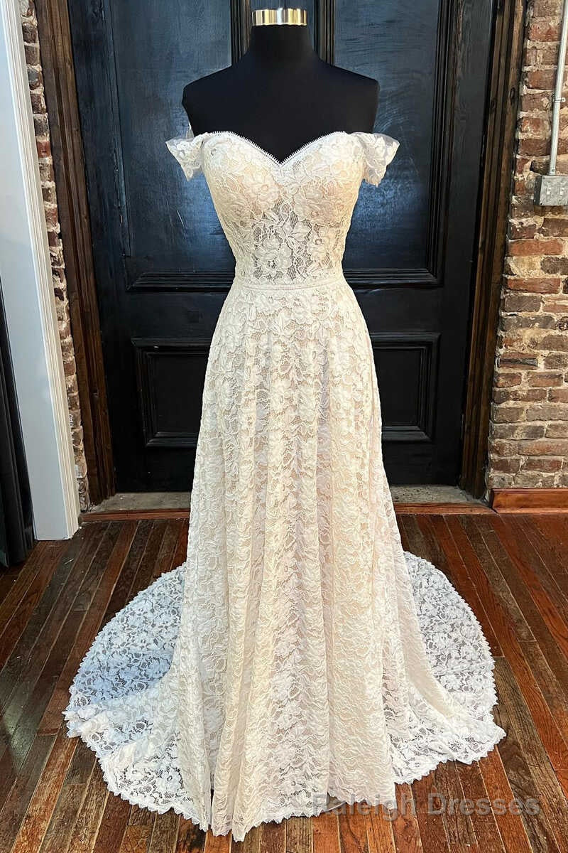 White Lace Off-the-Shoulder Cutout Floor Length Wedding Dress