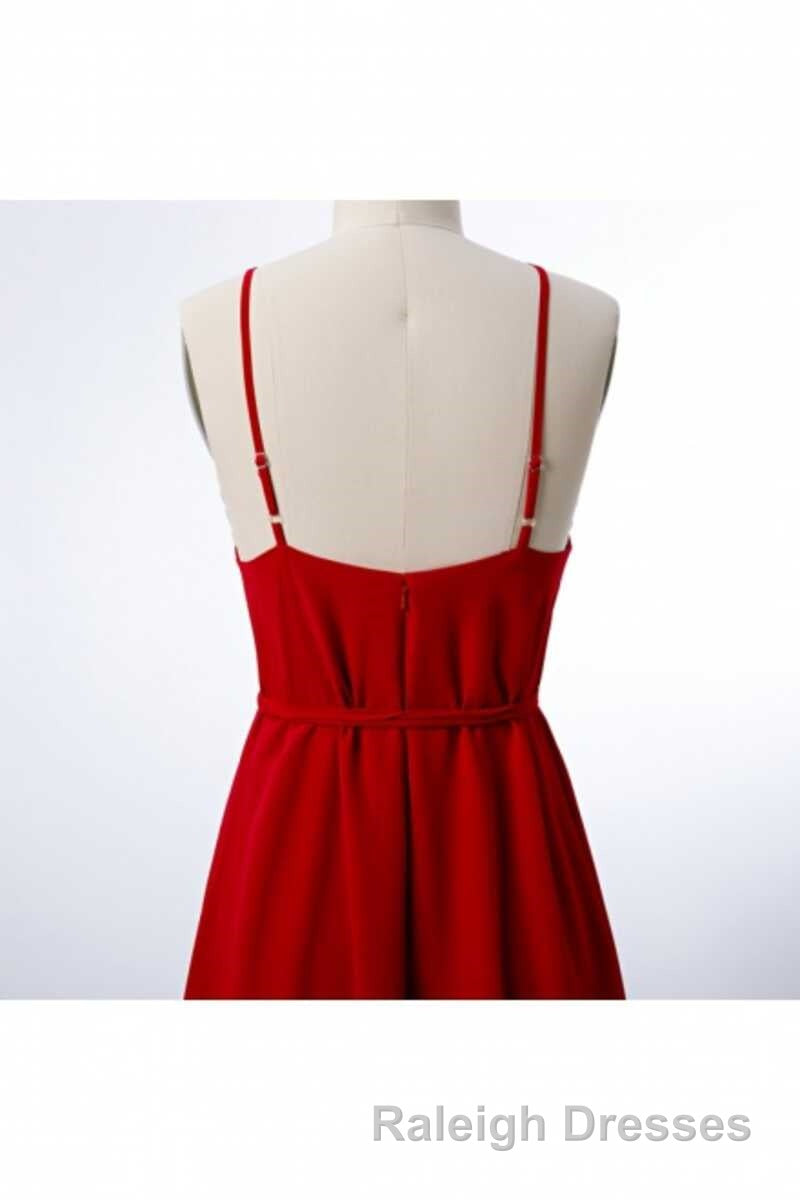Red Chiffon Spaghetti Straps Backless A Line Bridesmaid Dresses with Slit