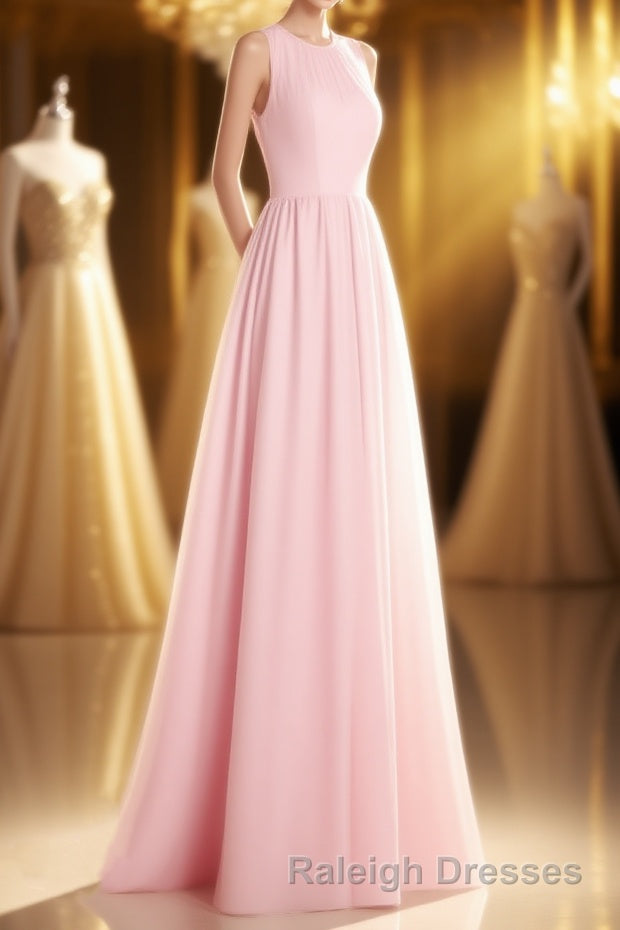 Pink Chiffon Halter Cutout Back A-Line Long Bridesmaid Dress Main image