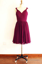 Magenta V Neck Straps A Line Short Bridesmaid Dresses