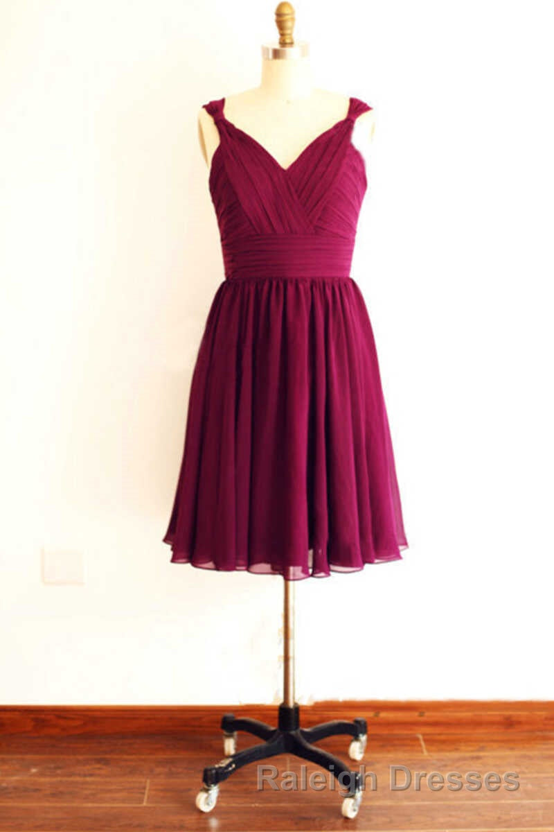 Magenta V Neck Straps A Line Short Bridesmaid Dresses