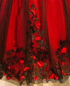 Burgundy Round Neck Tulle Lace Applique Long Prom Dress, Burgundy Evening Dress