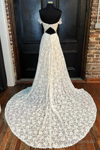 White Lace Off-the-Shoulder Cutout Floor Length Wedding Dress