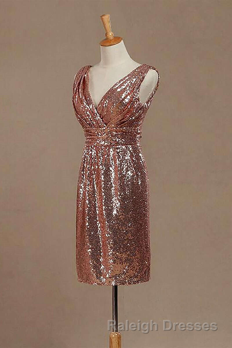 Rose Gold Sequin V-Neck Backless Short Bridesmaid Dress Secondary image