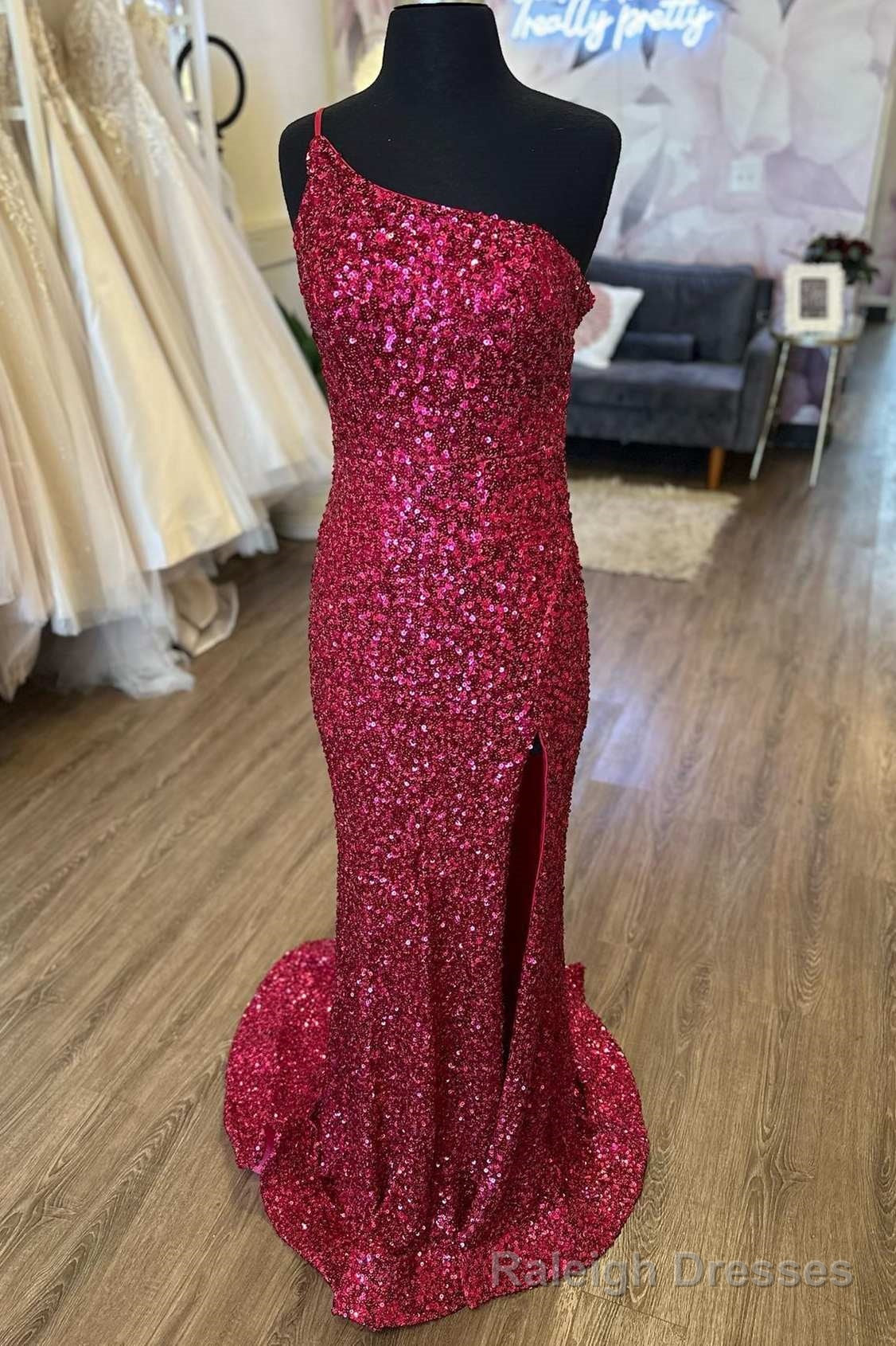Sequins One Shoulder Cutout Back Mermaid Long Prom Dress with Slit