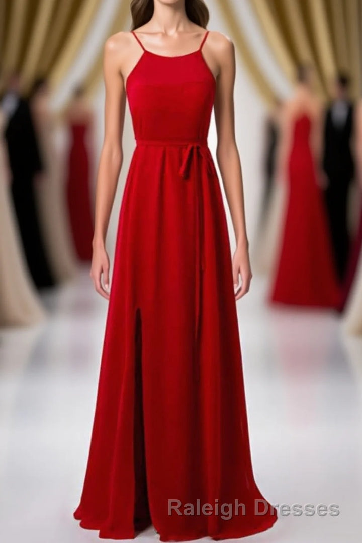 Red Chiffon Spaghetti Straps Backless A-Line Bridesmaid Dress with Slit Main image