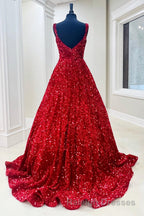 Red Sequin Square Neck Backless A Line Long Prom Gown
