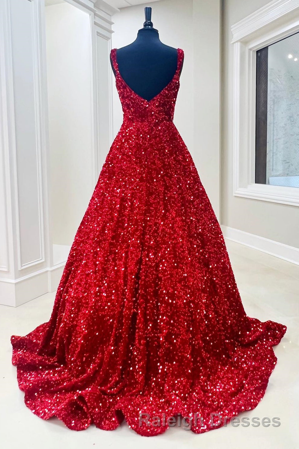 Red Sequin Square Neck Backless A Line Long Prom Gown