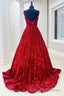 Red Sequin Square Neck Backless A Line Long Prom Gown