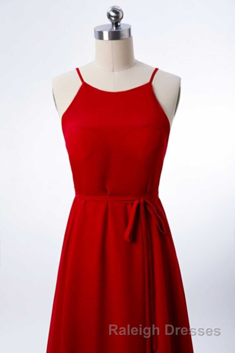 Red Chiffon Spaghetti Straps Backless A-Line Bridesmaid Dress with Slit Secondary image