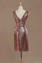 Rose Gold Sequin V Neck Backless Short Bridesmaid Dresses