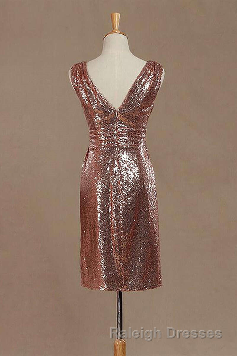 Rose Gold Sequin V Neck Backless Short Bridesmaid Dresses