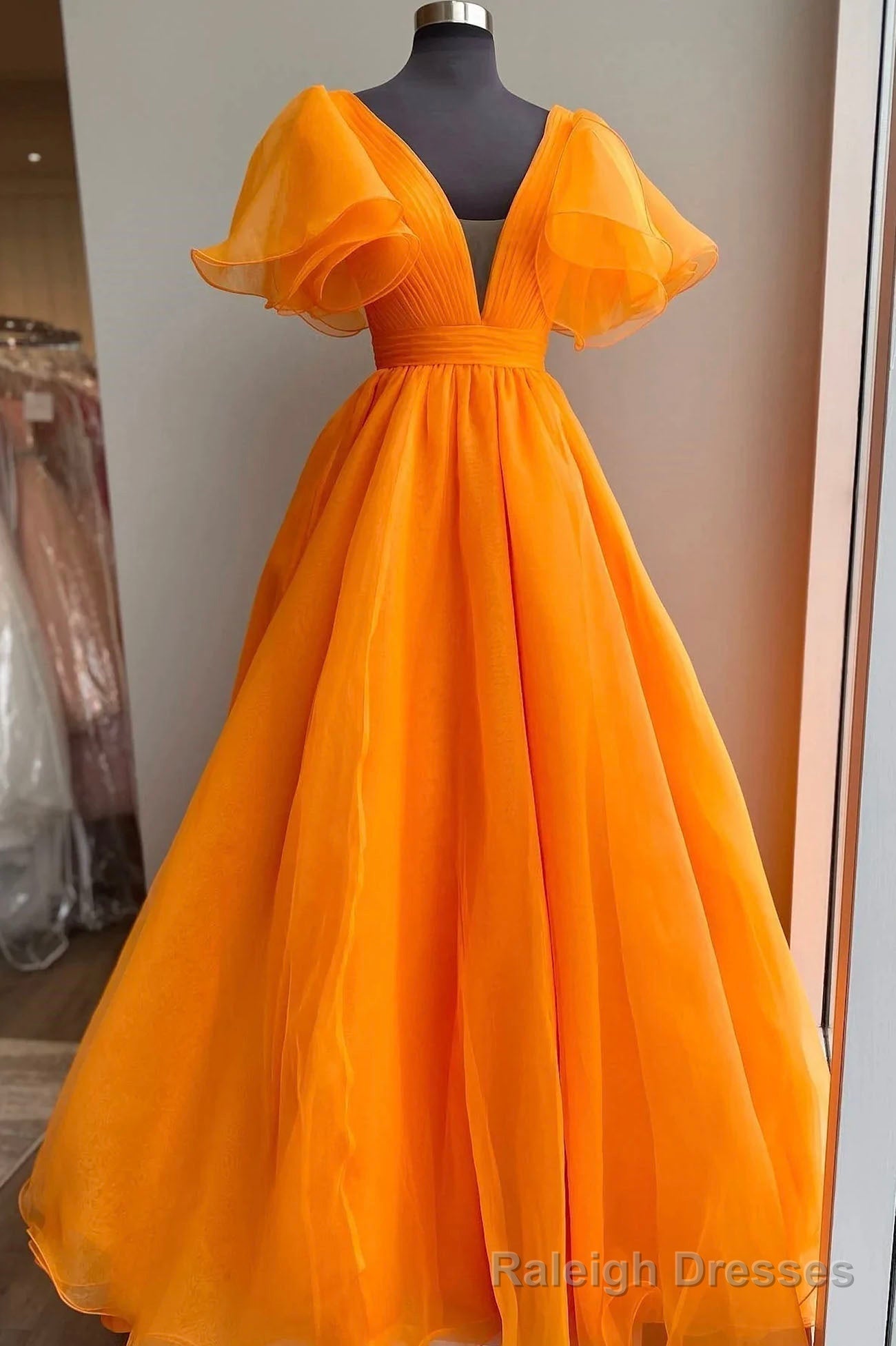 Orange Organza Long A Line Prom Dress, Beautiful V Neck Prom Dress Main image