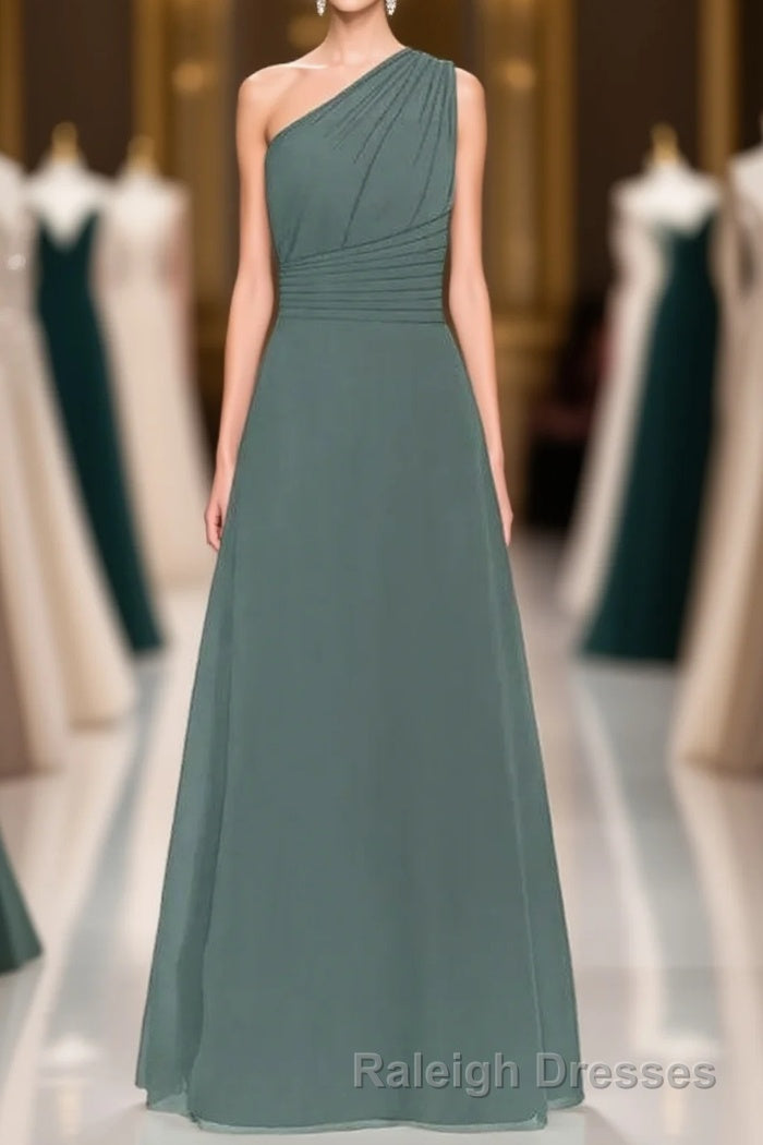 Dark Sage Green Chiffon One-Shoulder Long Bridesmaid Dress