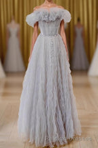 Gray Tulle A Line Off the Shoulder Formal Evening Dresses Long Prom Dresses