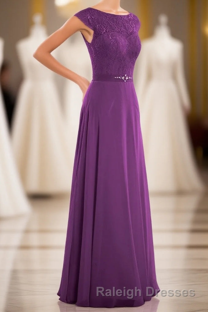 Elegant Purple Lace Cap Sleeve A-Line Long Bridesmaid Dress Main image