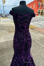 Purple Sequin Off-the-Shoulder Lace-Up Mermaid Long Dress