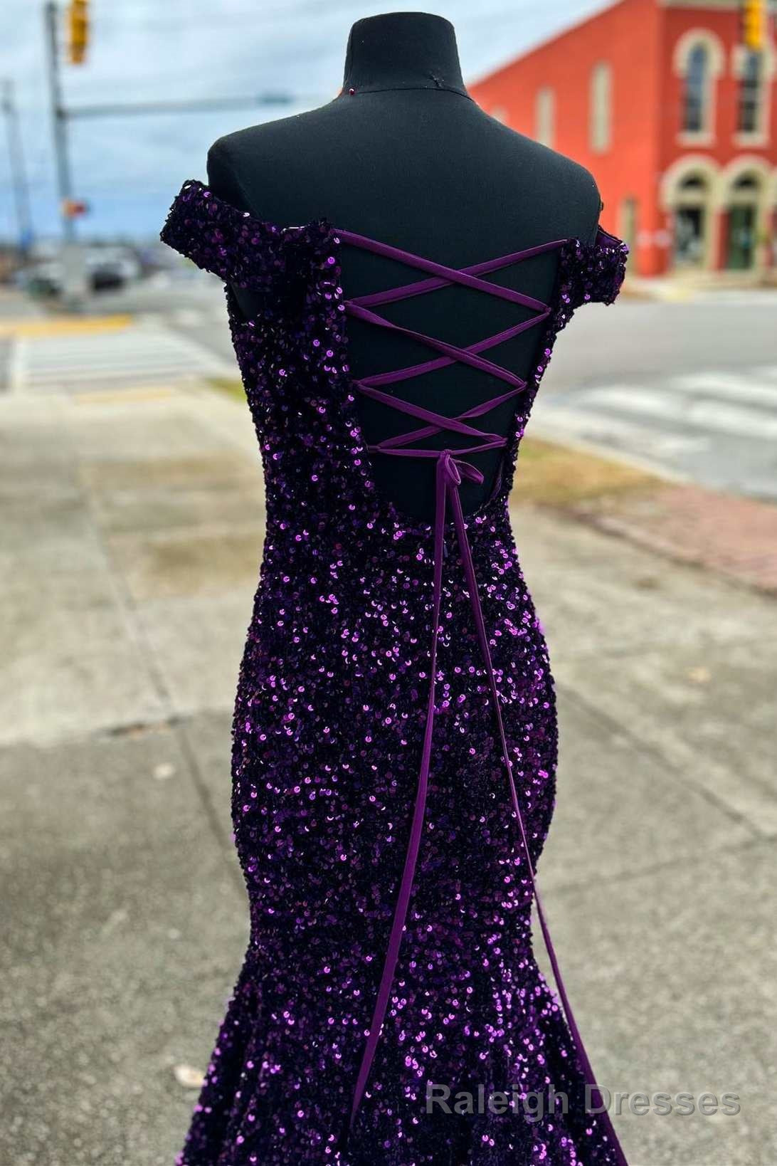 Purple Sequin Off-the-Shoulder Lace-Up Mermaid Long Dress