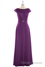 Elegant Purple Lace Cap Sleeve A Line Long Bridesmaid Dresses