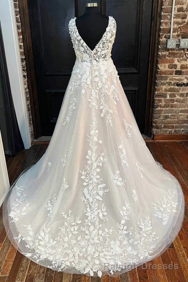 Ivory Appliques V Neck Backless A Line Long Wedding Dress Secondary image