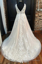 Ivory Appliques V Neck Backless A Line Long Wedding Dress