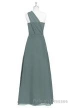 Dark Sage Green Chiffon One Shoulder Long Bridesmaid Dresses