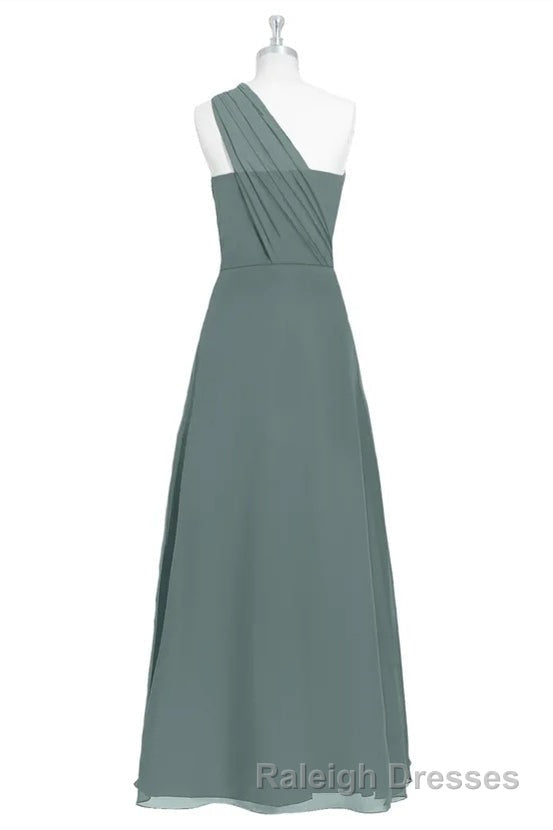 Dark Sage Green Chiffon One Shoulder Long Bridesmaid Dresses
