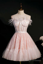 Pink Feather Strapless A Line Short Homecoming Dress