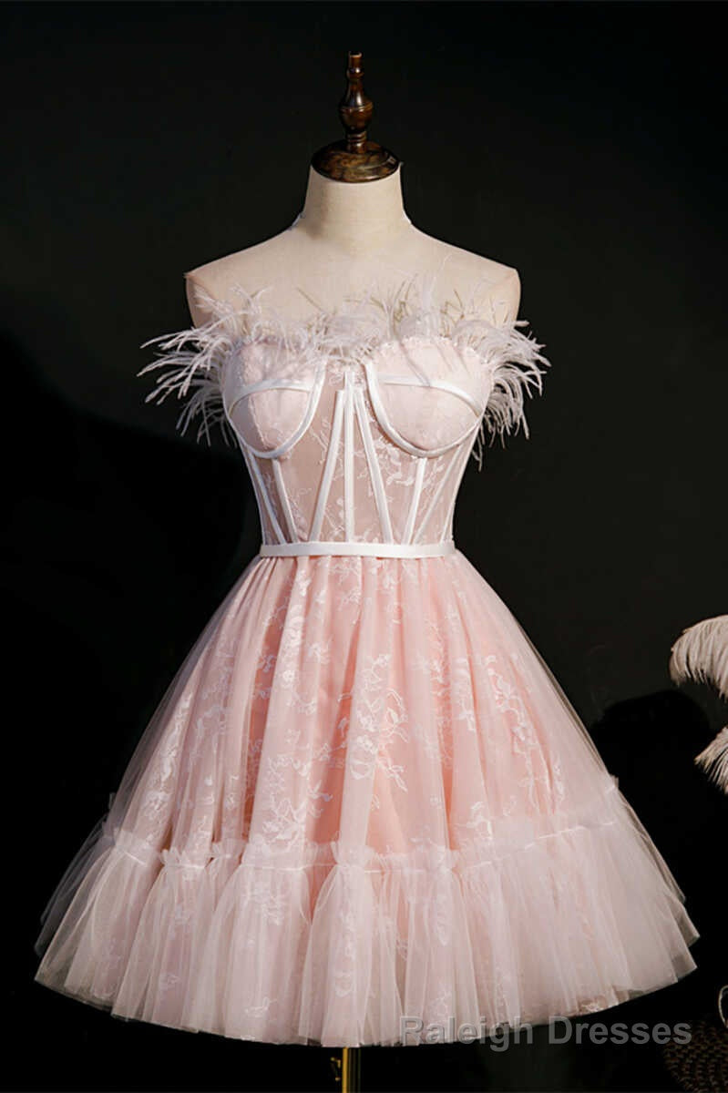 Pink Feather Strapless A Line Short Homecoming Dress
