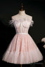 Pink Feather Strapless A Line Short Homecoming Dress