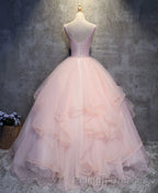 Pink Round Neck Tulle Lace Long Prom Dresses Lace Prom Dresses