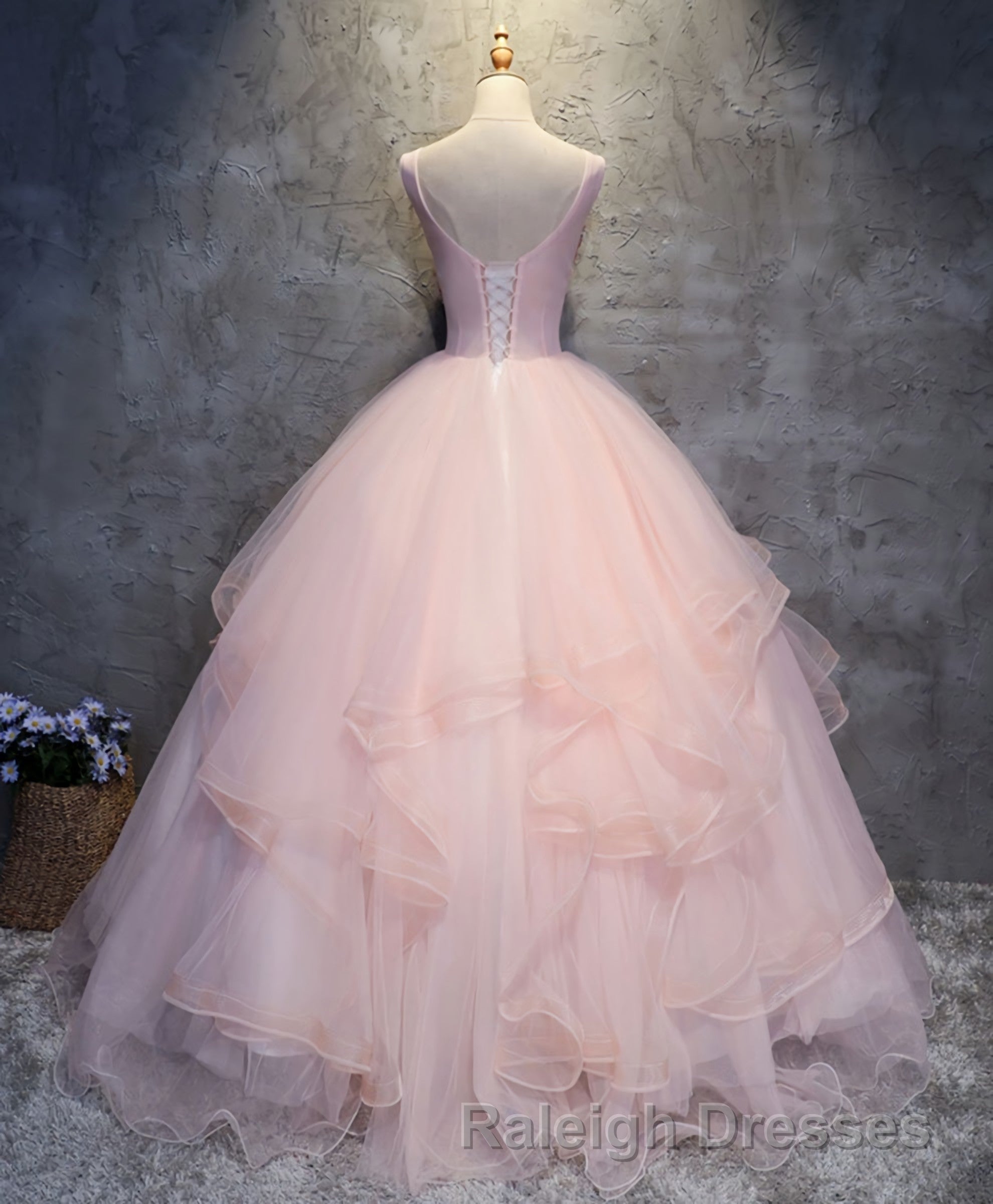 Pink Round Neck Tulle Lace Long Prom Dresses Lace Prom Dresses