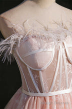 Pink Feather Strapless A Line Short Homecoming Dress
