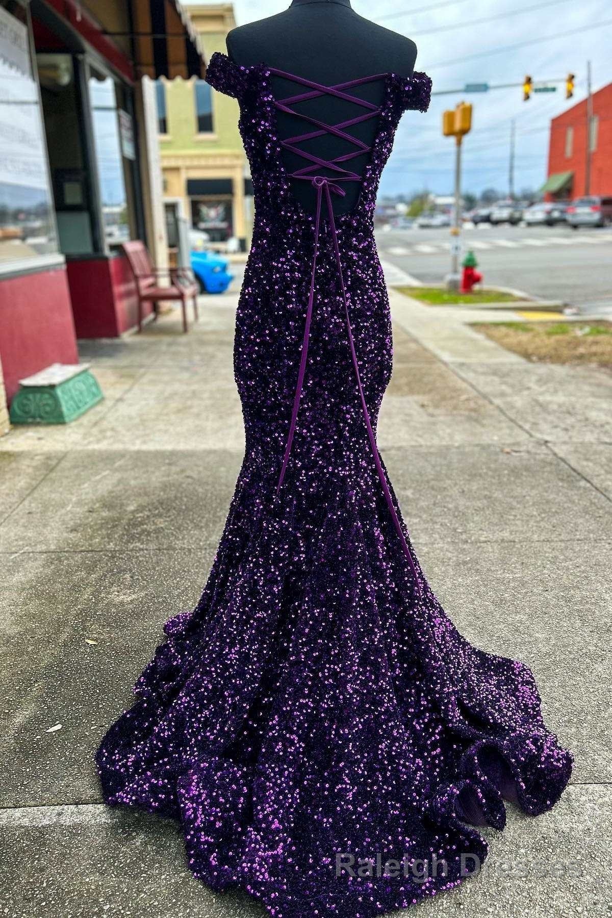 Purple Sequin Off-the-Shoulder Lace-Up Mermaid Long Dress Secondary image