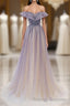 Purple Off Shoulder Tulle Sequin Long Prom Dress, Purple Evening Dress